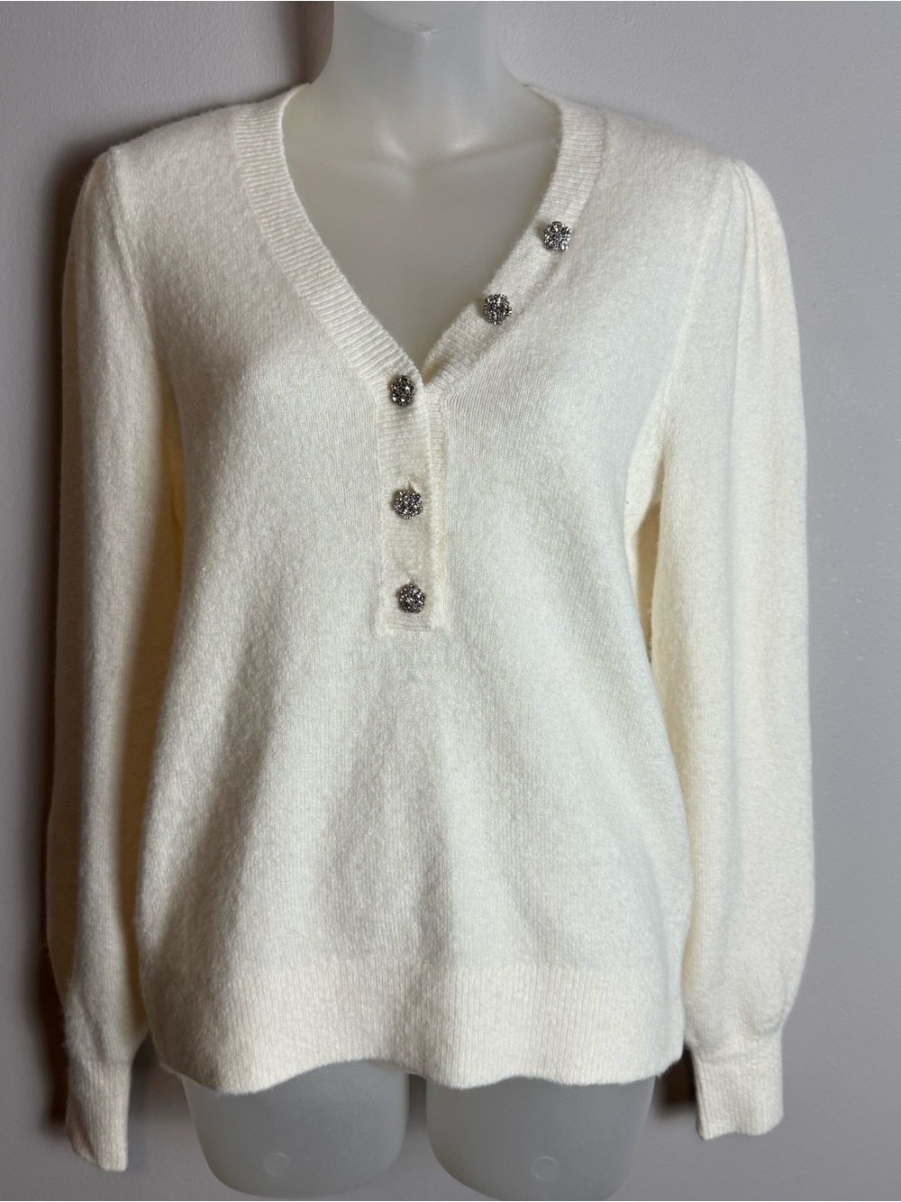 LOFT Cream Soft V-Neck Sweater with Decorative Buttons Size Small